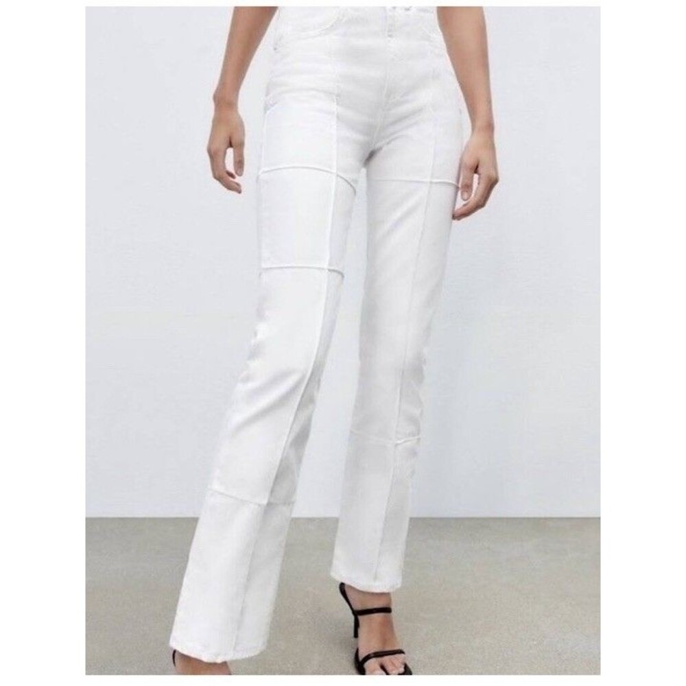 Zara White Patchwork Straight Leg Jeans High Rise Women’s Size 24 Cotton Denim